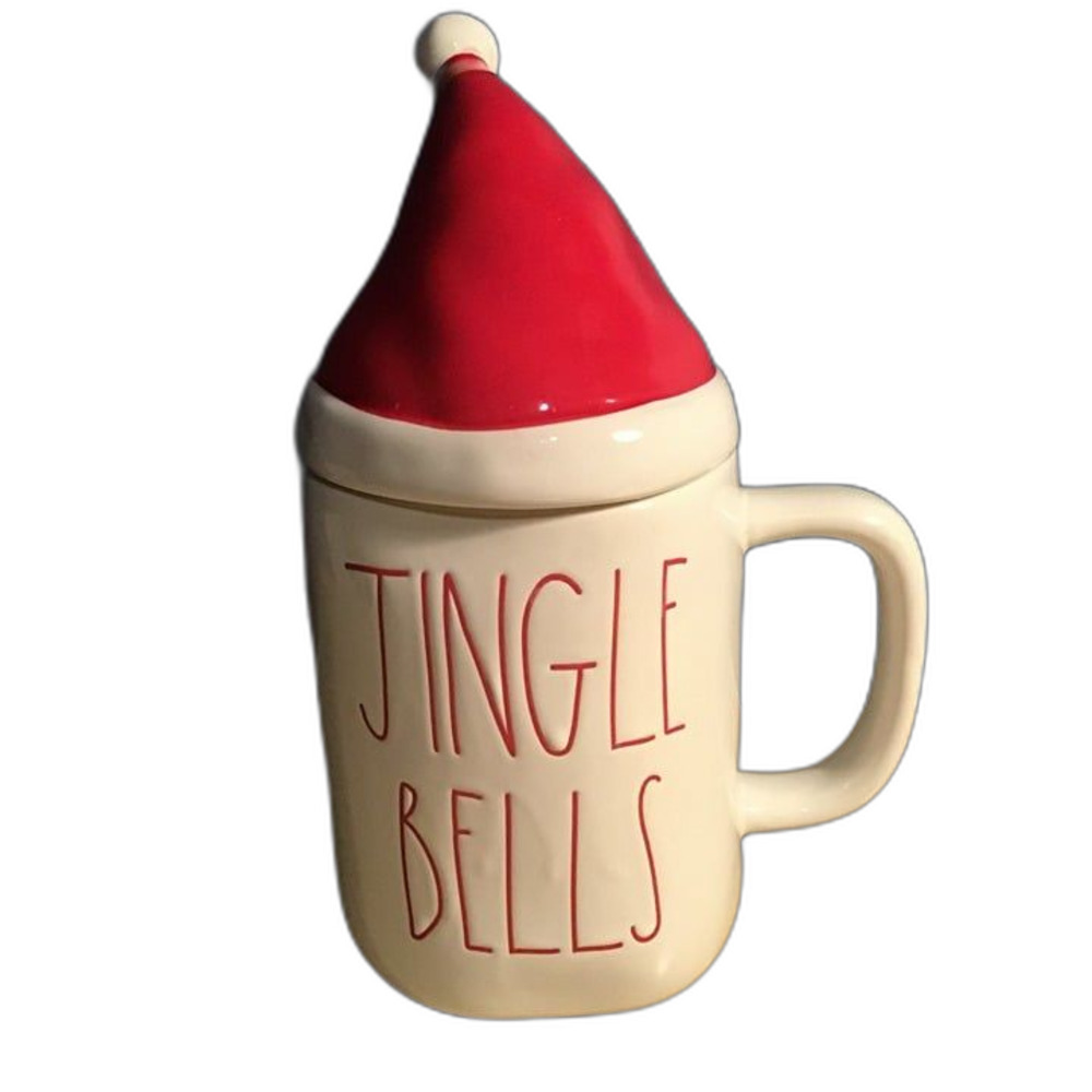 Rae Dunn Jingle Bells Christmas Coffee Mug with Santa Hat Lid Topper